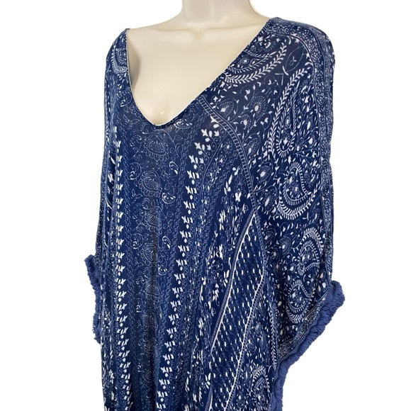 Anthropologie - Blue/Cream Fringed Caftan - O/S - Picture 6 of 11